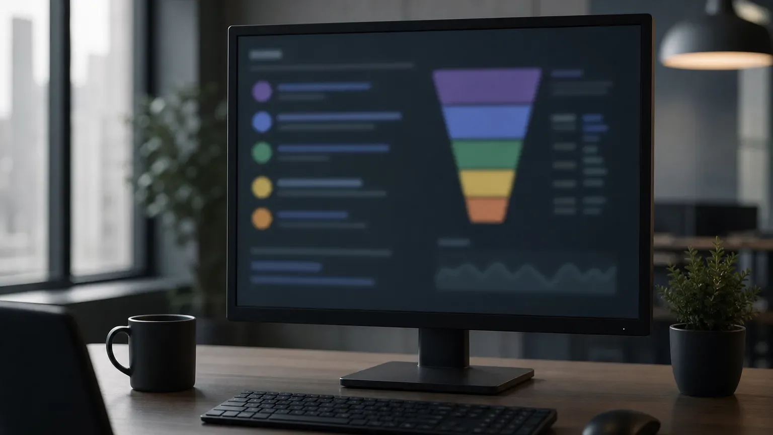 A desktop monitor on a wooden desk displays a colourful funnel chart dashboard, with a keyboard, mouse, coffee mug, and small potted plant alongside