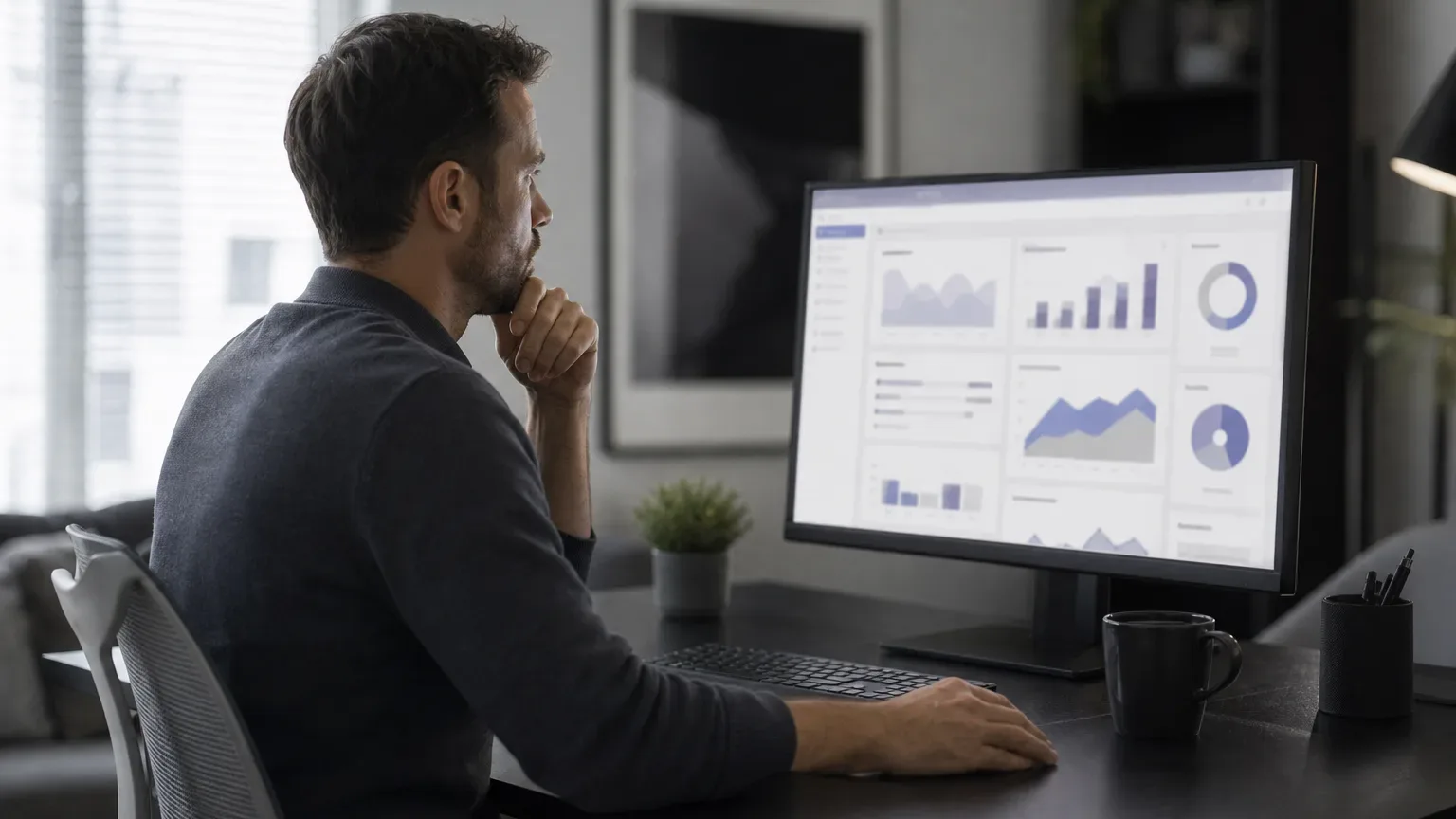 A person sits at a desk studying a monitor displaying a data dashboard with charts and graphs, with a mug and keyboard nearby