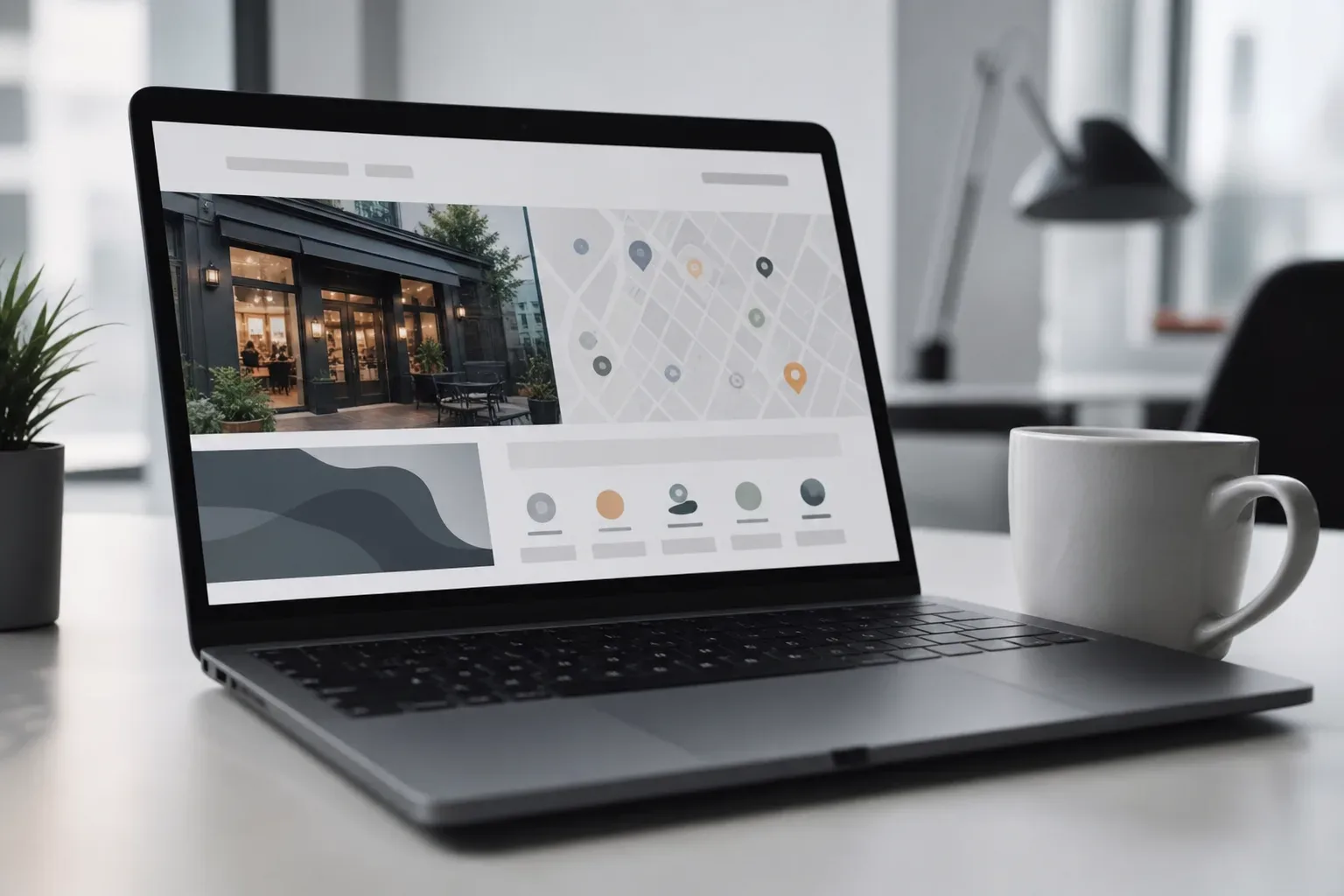 A laptop on a desk displays a website interface featuring a shopfront photograph and a map with location pins, beside a white mug