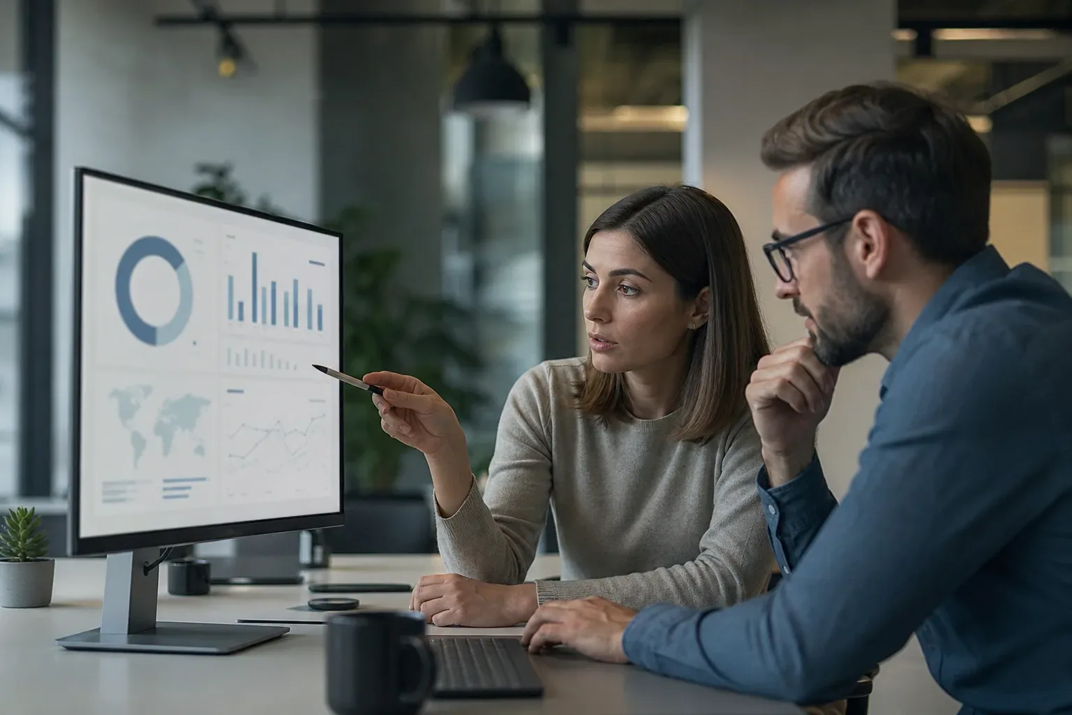 Two colleagues sit at an office desk studying a monitor displaying charts and a world map on an analytics dashboard, one pointing at the screen with a pencil