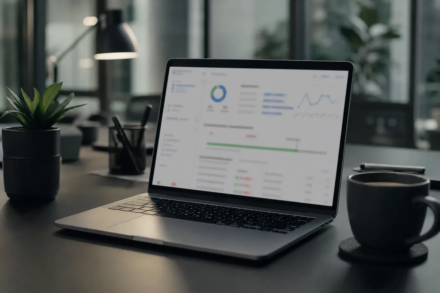 A laptop on a dark desk displays a blurred analytics dashboard with charts, beside a coffee mug, a small plant, and a pen holder, in an office setting