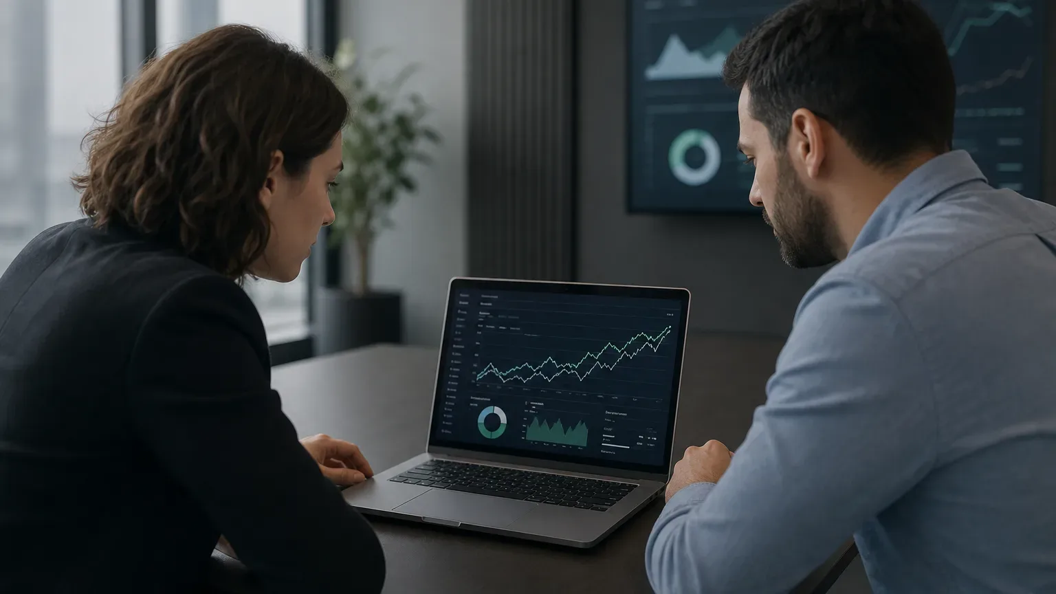 Two people sit side by side at a dark desk, both looking intently at a laptop displaying charts and graphs on a dark dashboard interface, with a large screen showing similar data visible on the wall behind them