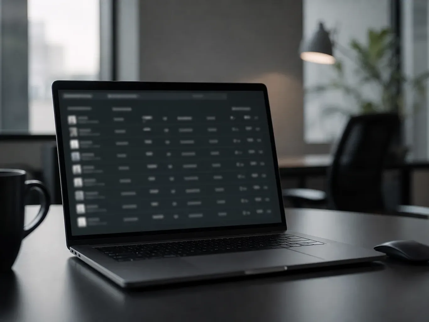 A laptop on a dark desk displays a blurred data table on screen, with a black coffee mug to the left and a wireless mouse to the right