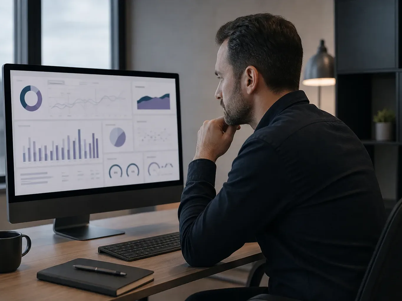 A person sits at a desk studying a large desktop monitor displaying an analytics dashboard with multiple charts and graphs, in a dimly lit office