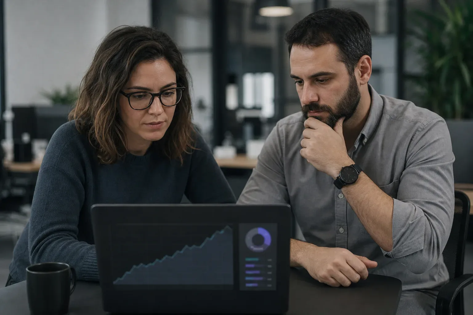 Two people at an office desk study a laptop displaying climbing graph and circular chart data