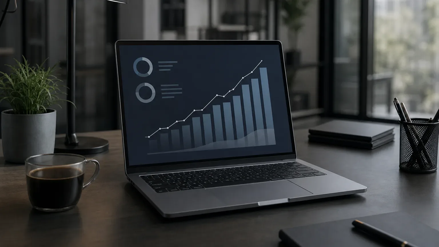 A laptop on a dark desk displays a rising bar chart with two donut-chart indicators, beside a cup of black coffee, with notebooks and a pen holder nearby