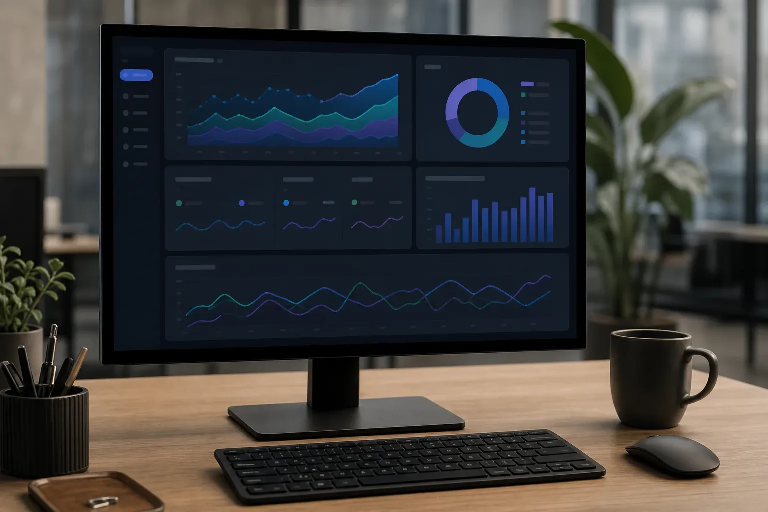 A desktop monitor on a wooden desk displays a dark-themed analytics dashboard with colourful charts and graphs, beside a keyboard, mouse, coffee mug, and a pen holder