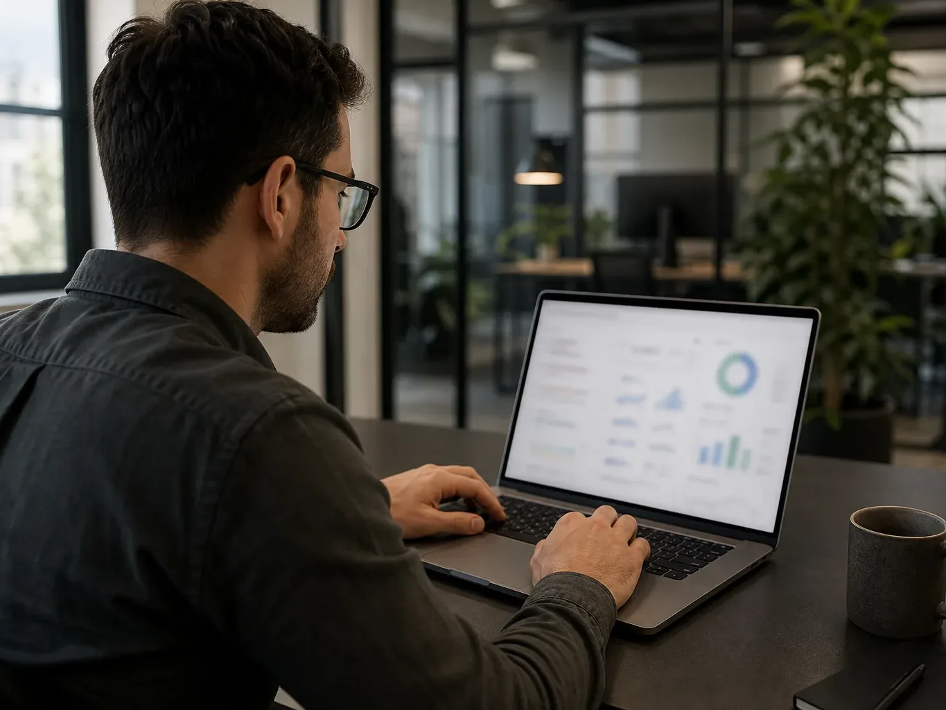 A person wearing glasses works at a laptop displaying colourful charts and graphs, seated at a dark desk in a modern open-plan office