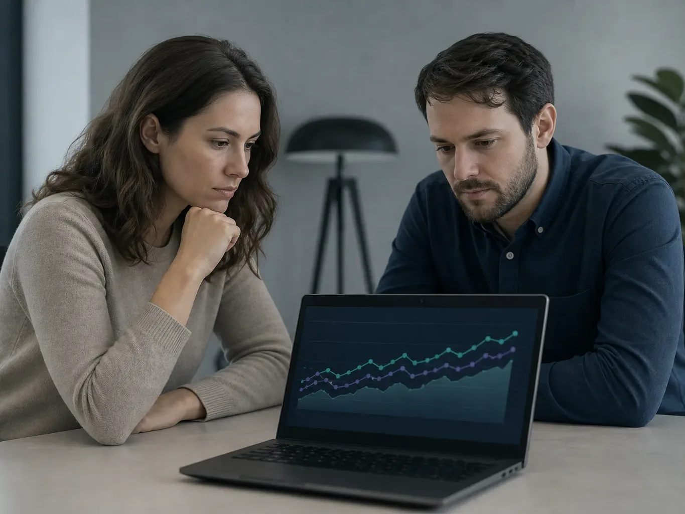 Two people sit at a desk studying a laptop screen displaying a multi-line climbing chart
