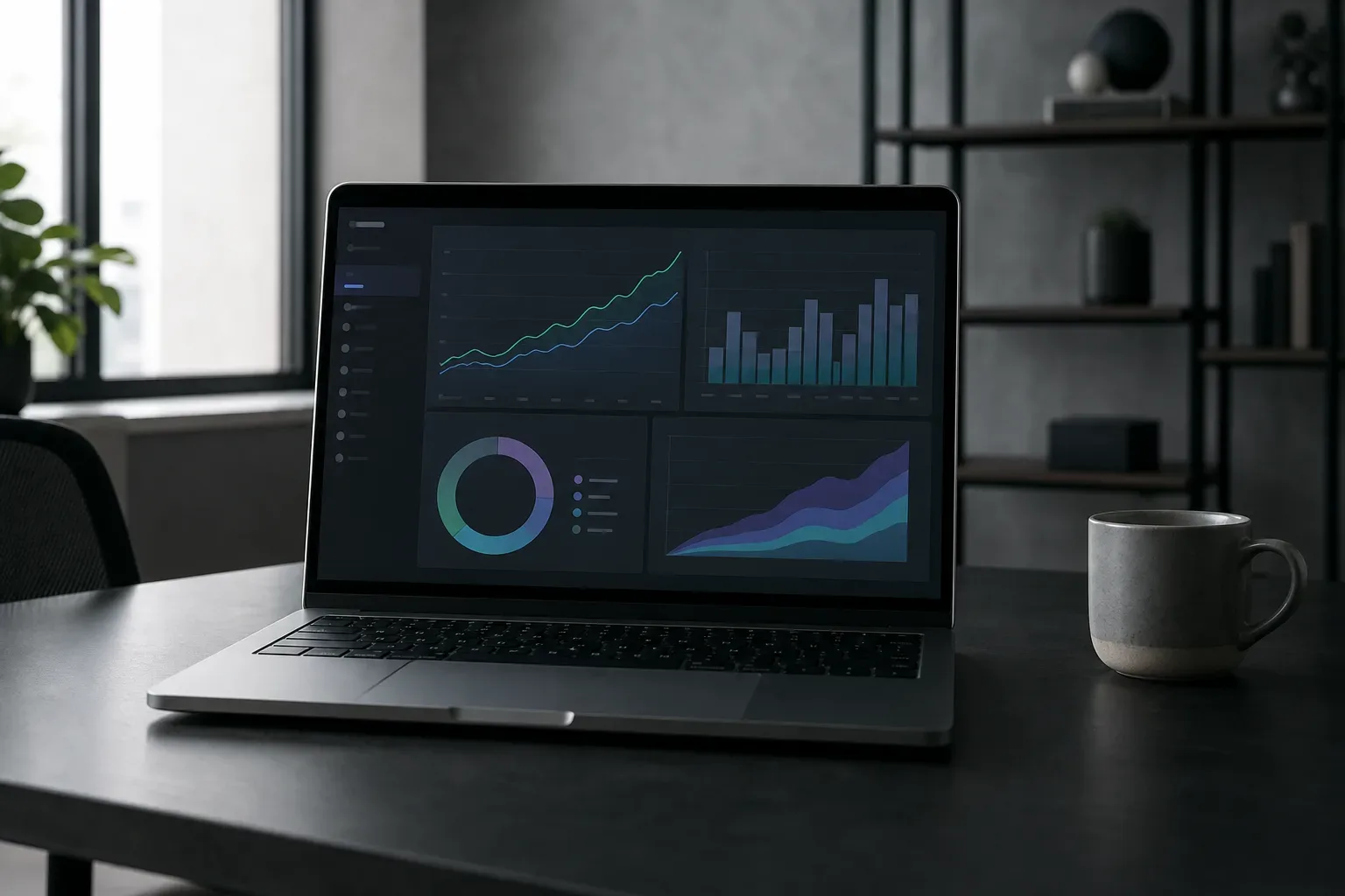 A laptop on a dark desk displays a data analytics dashboard with line charts, bar charts, a donut chart and an area chart, with a grey mug beside it